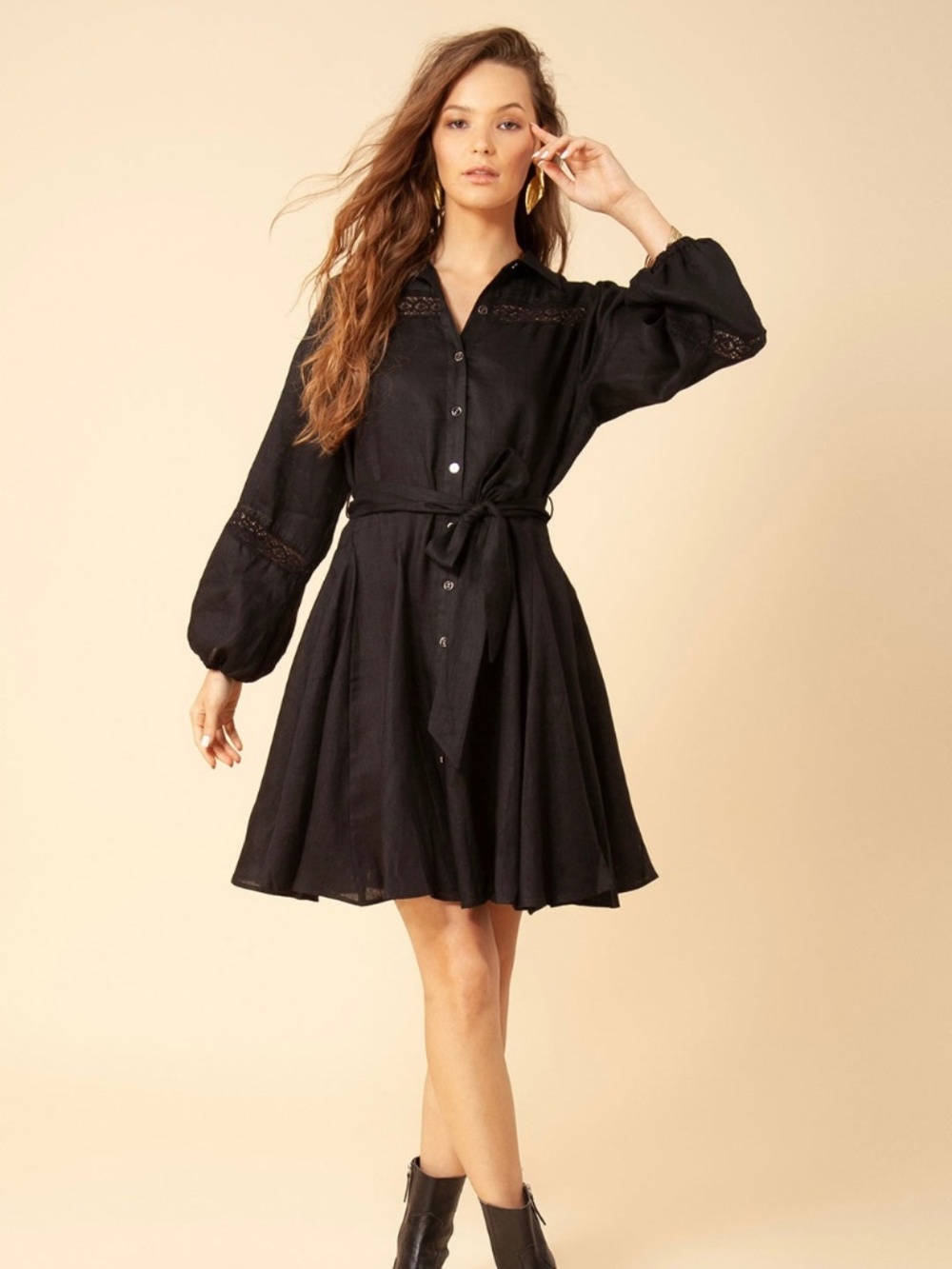 Hale Bob  boho luxe knee length black 100% linen mini dress. Nwt. Size Sml.
